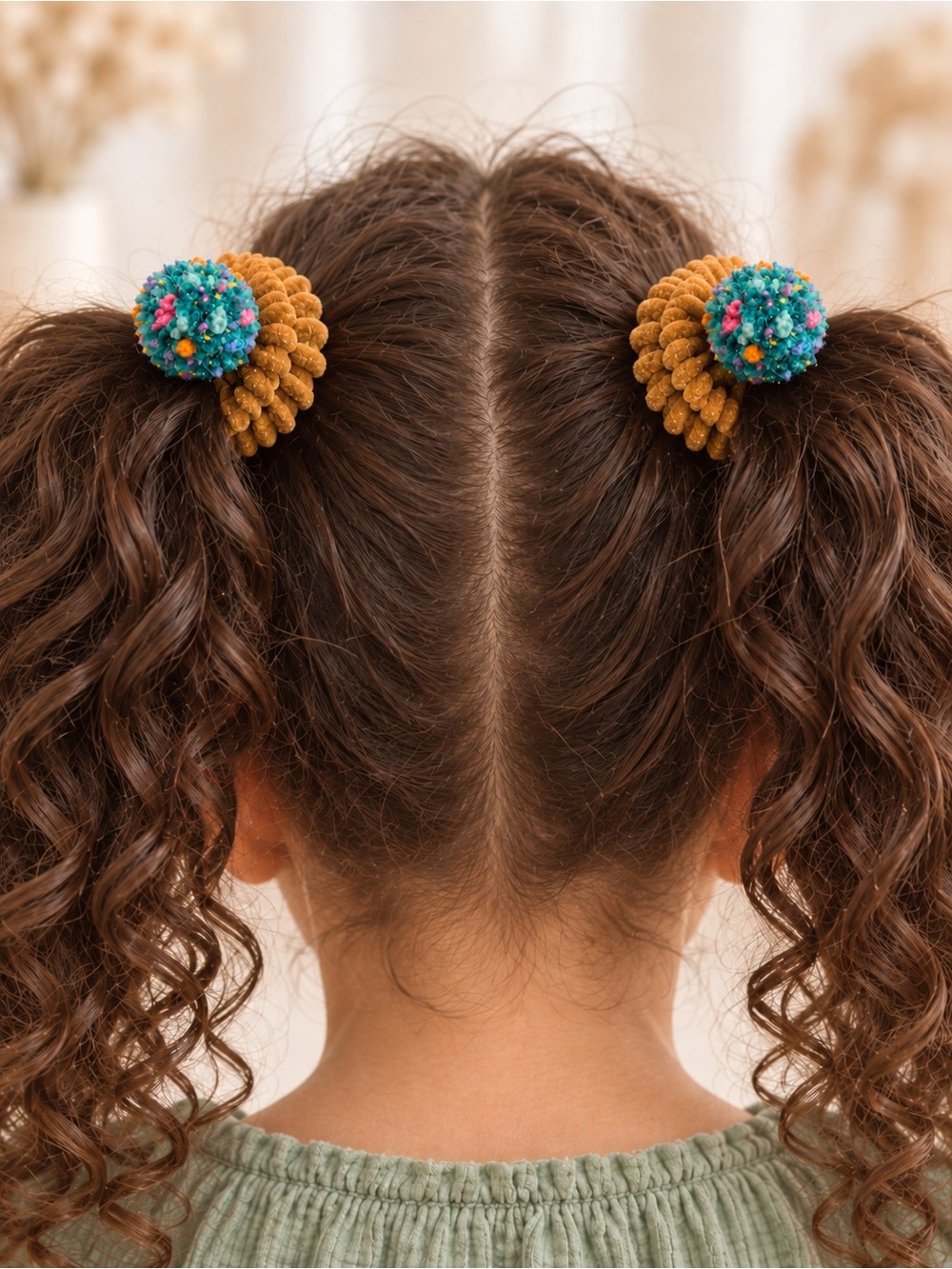 Handmade Girls Pom-Pom Ponytail Hair Tie Set – Choose Color